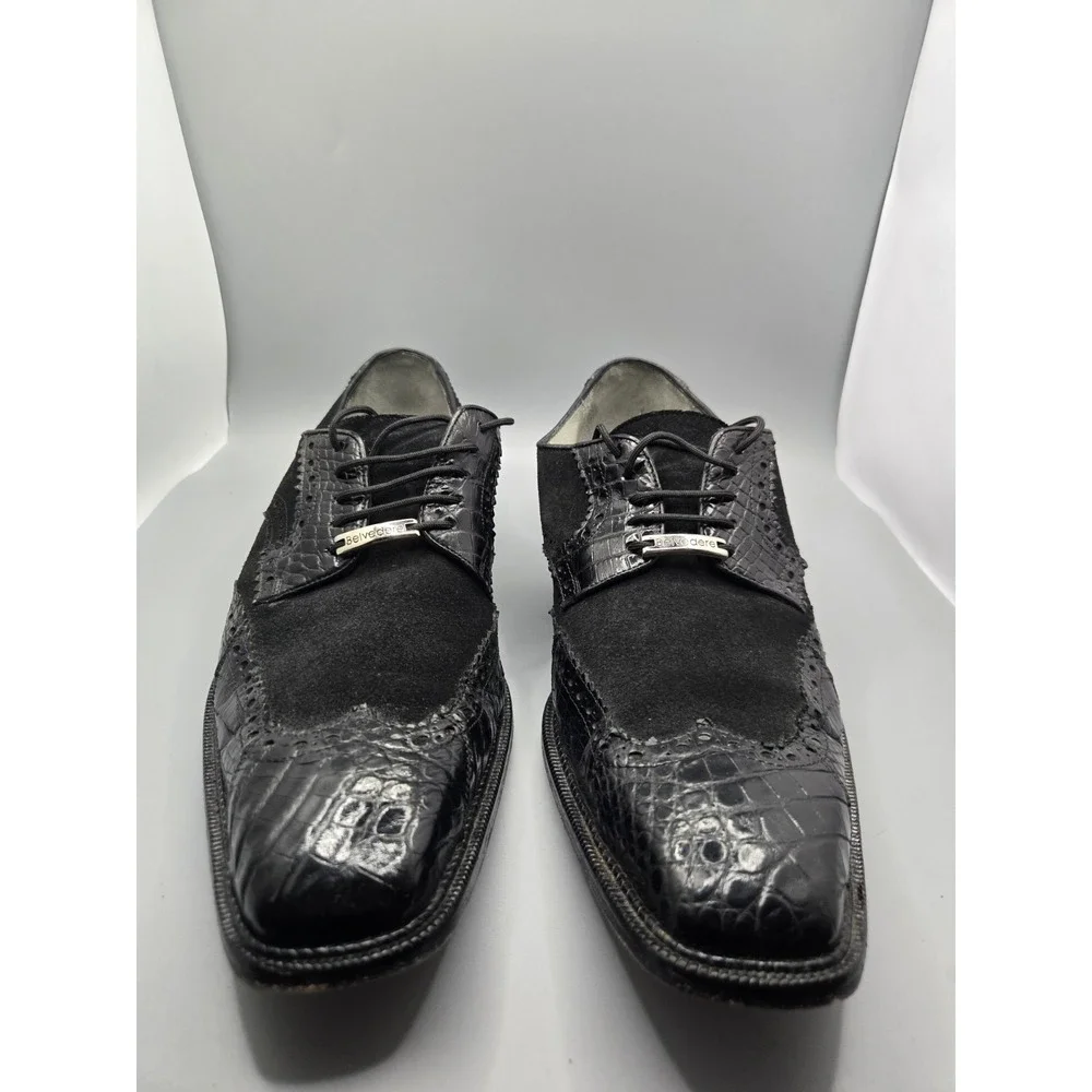 Belvedere Mens Wingtip Oxfords Black Leather Crocodile Square‎ Toe Lace Up 9.5